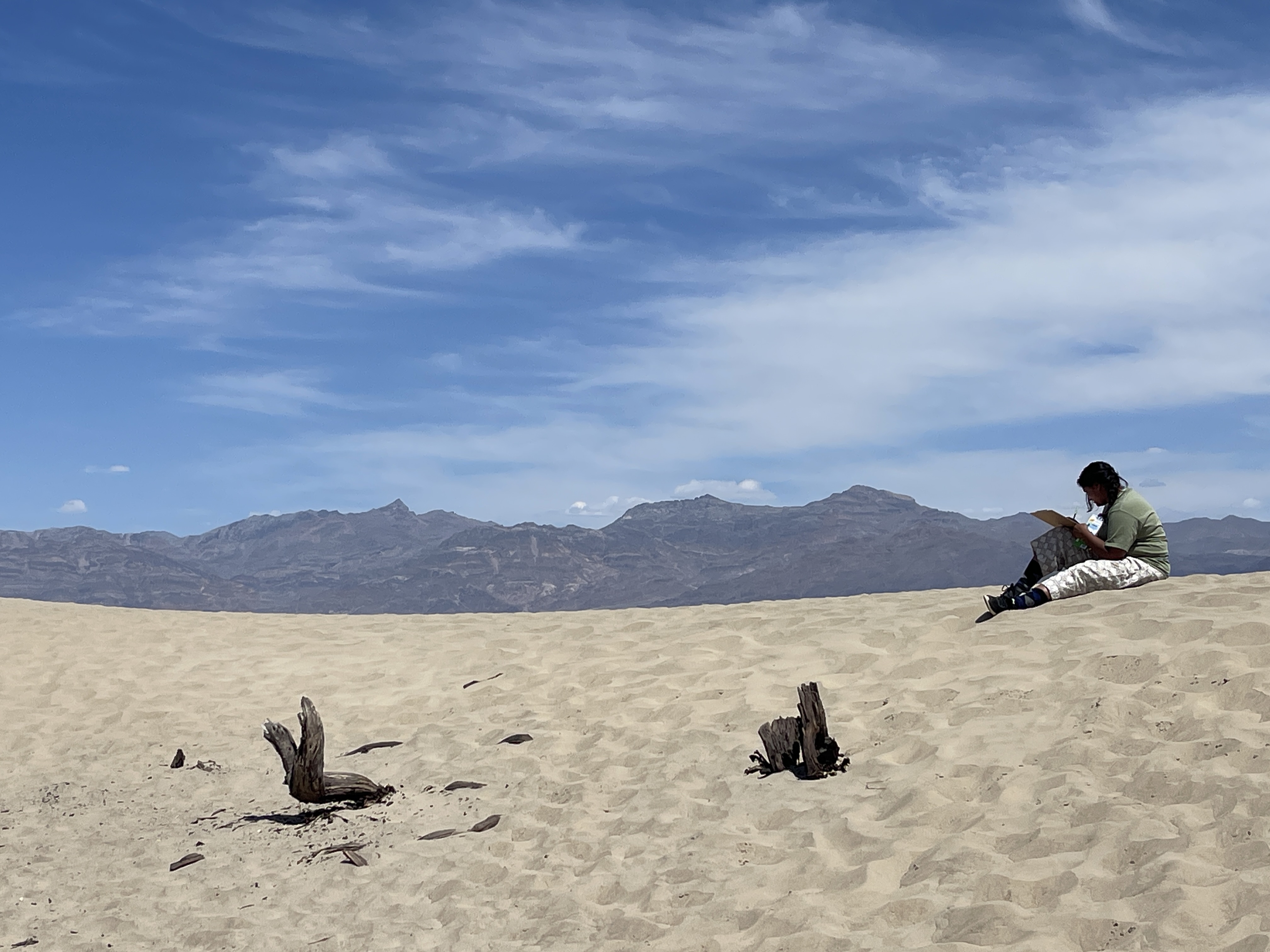 student with sand dune